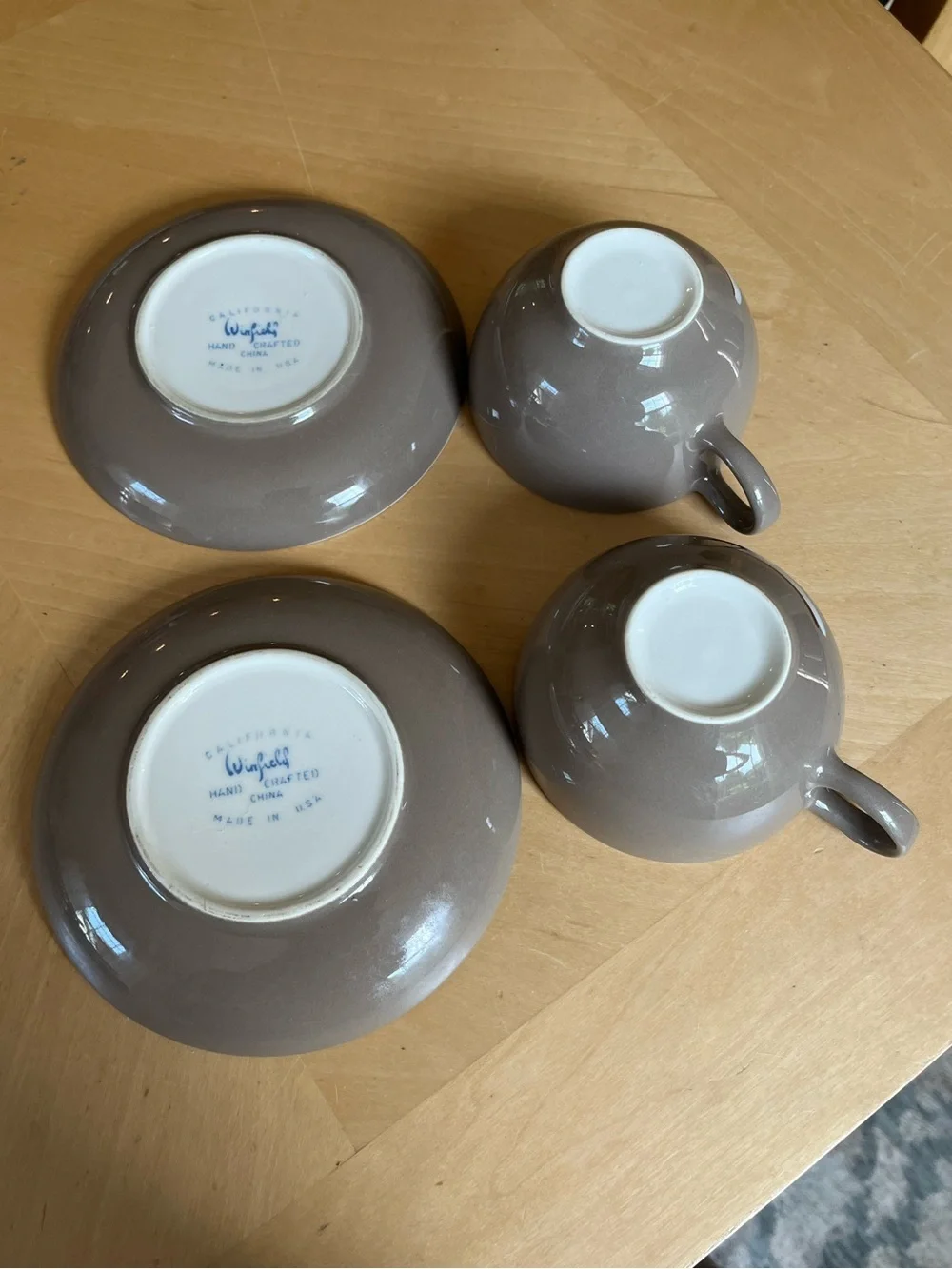 California Winfield Handcrafted Tea Cups and Saucers White Leaf Motif Set of 2